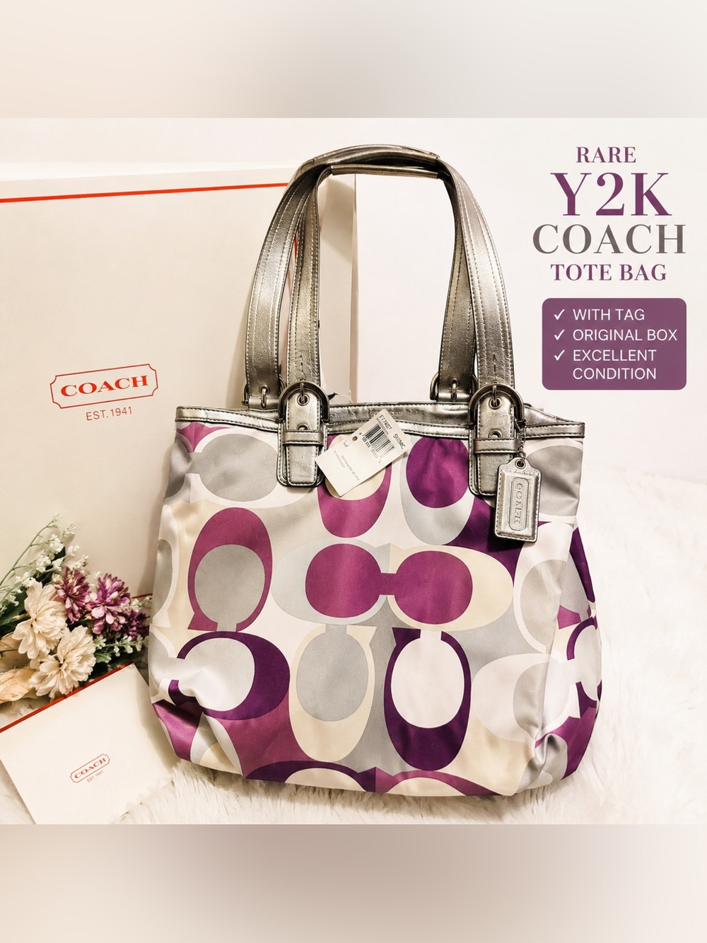 NWT Coach Y2K Purple Silver Op Art Satin Tote Bag w Box